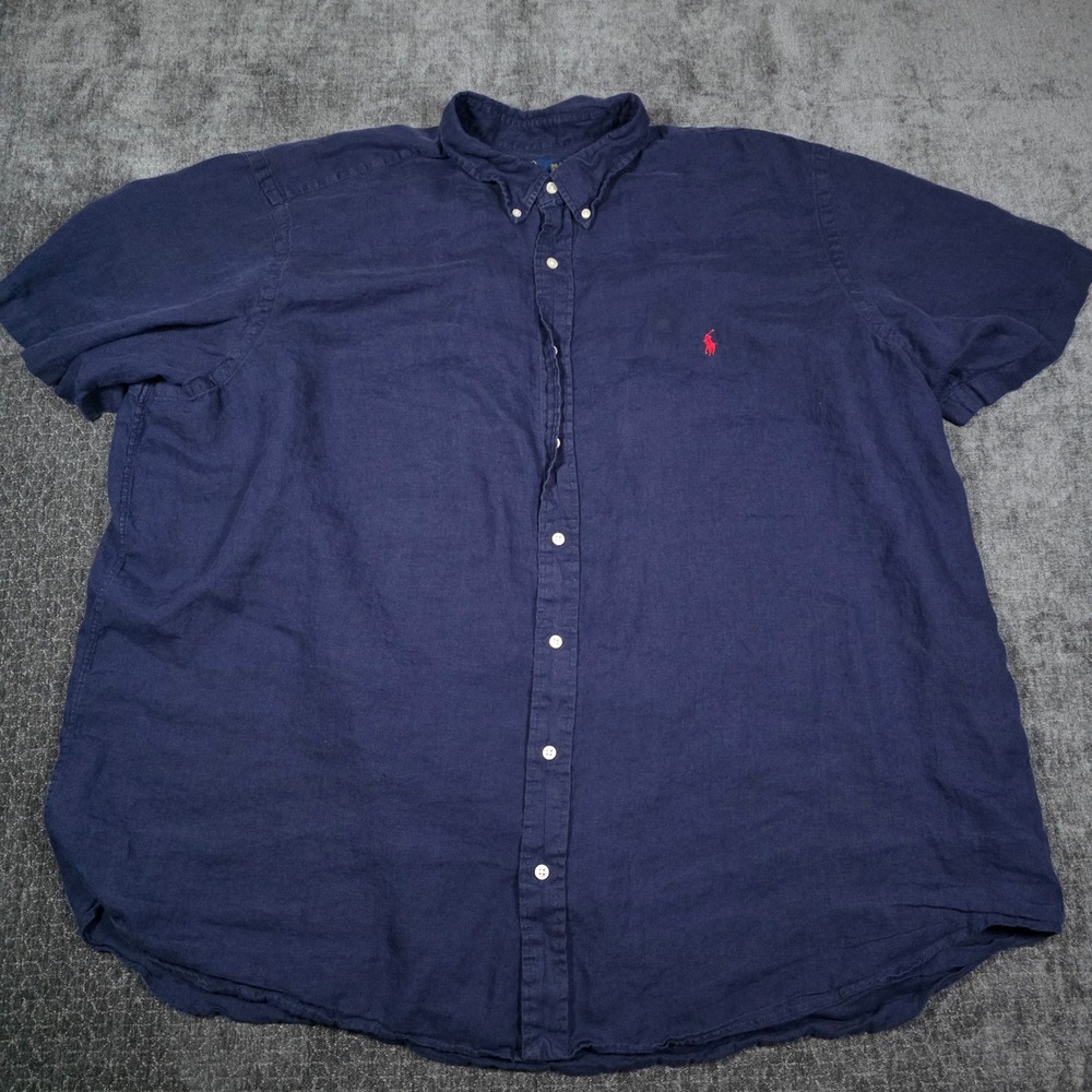Polo Ralph Lauren Mens 3XB Blue Linen Short Sleeve Button Down Shirt Red Pony